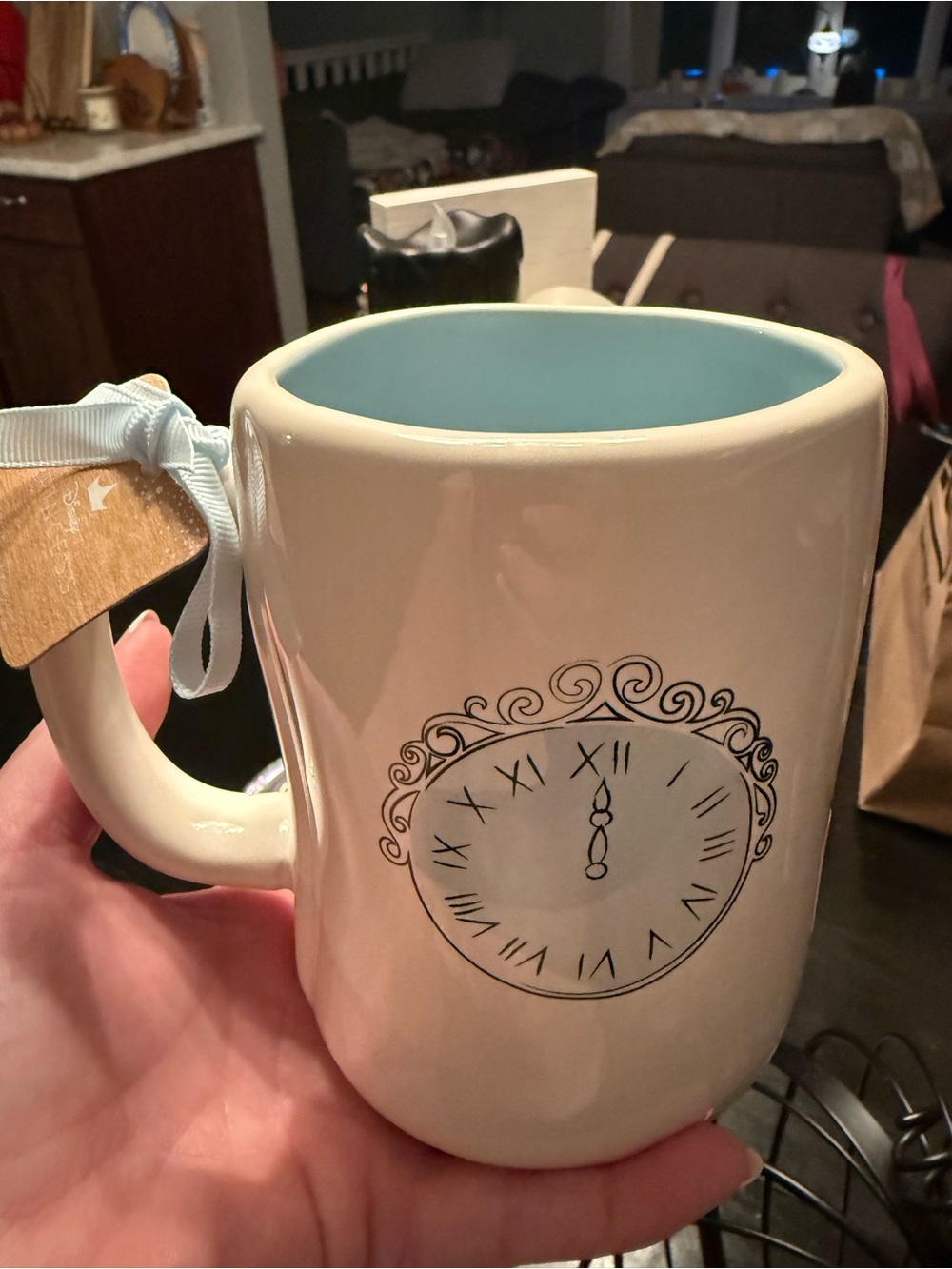 Rae Dunn Cream Mug with Light Blue Interior and Clock Design